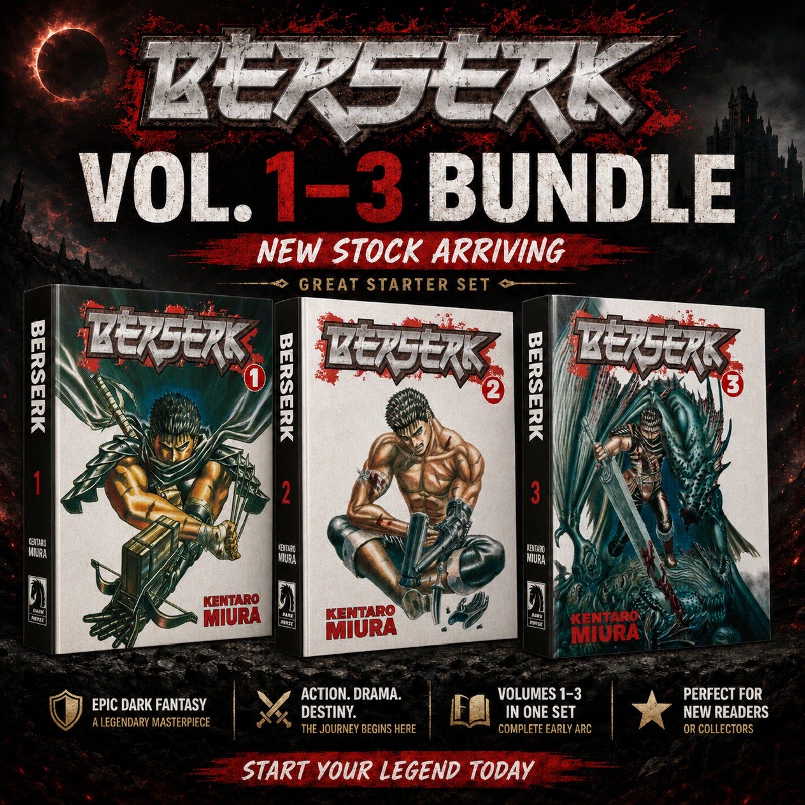 Berserk Manga Vol. 1-3 Set Black Swordsman Arc Kentaro Miura Dark Fantasy Lot