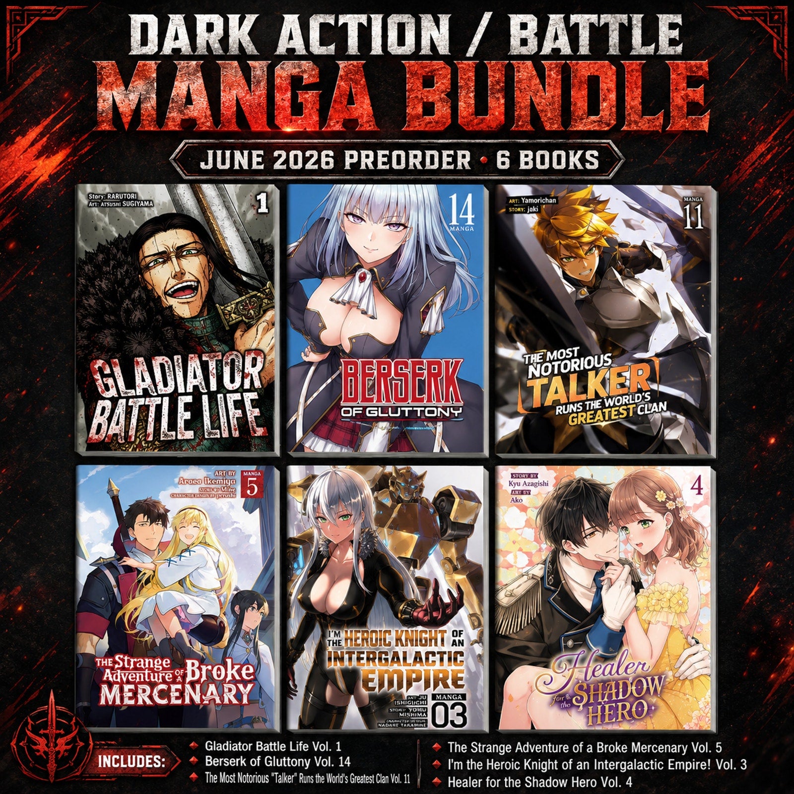 Dark Action Battle Manga Bundle June 2026 Preorder Gladiator Berserk Talker + Mo